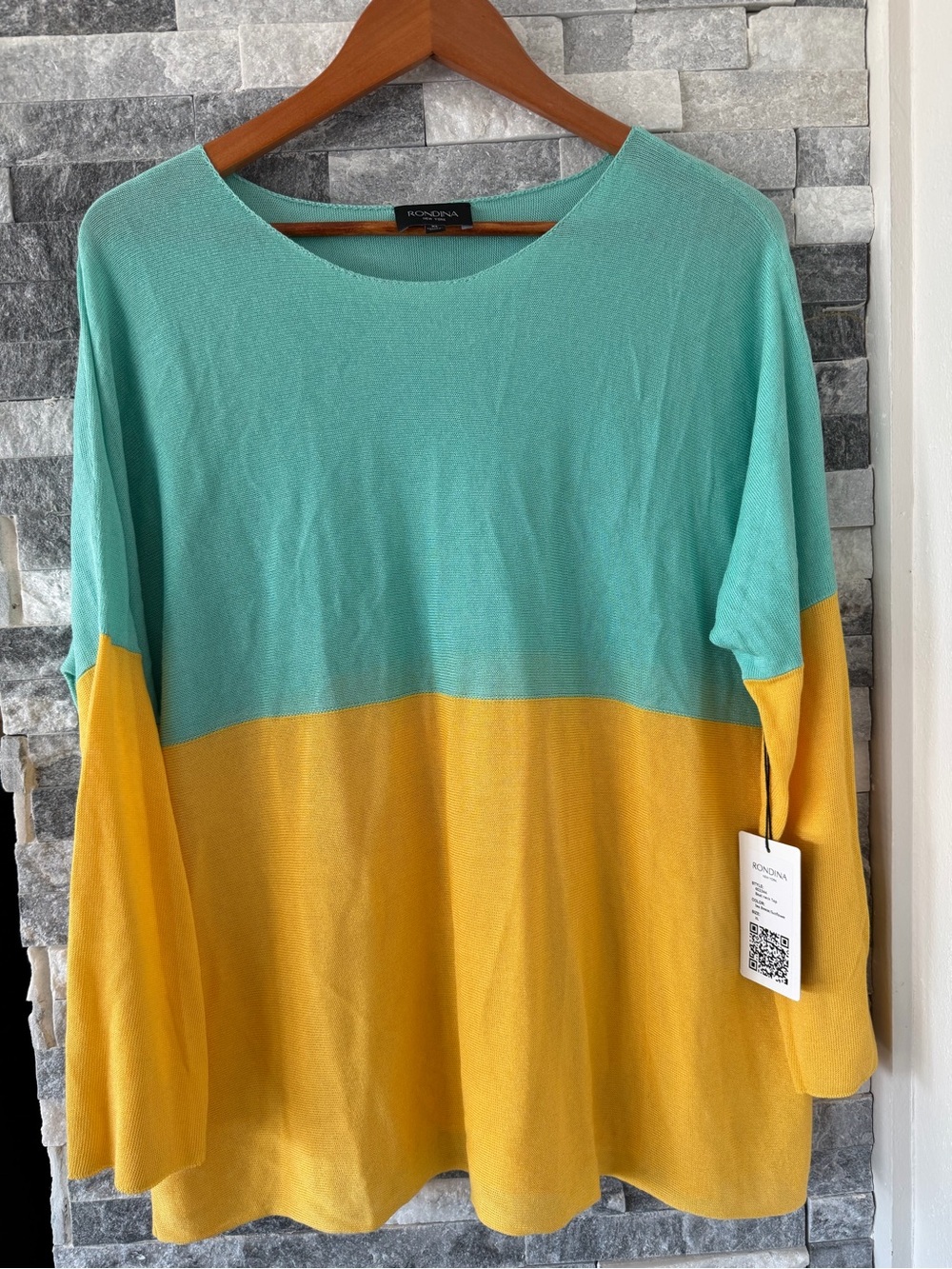 Women’s RONDINA NEW YORK NWT Color Block Knit Sweater-Teal Top Yellow Lower-XL
